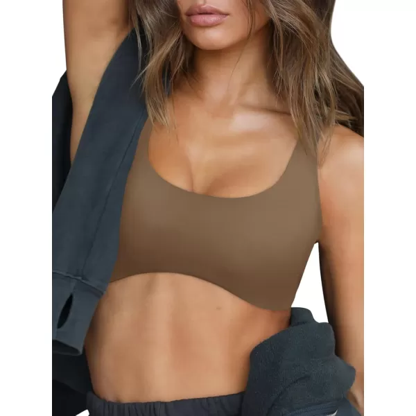 LASLULU Sexy Sports Bras for Women Scoop Neck Sleeveless Padded Bra Workout Yoga Bra Crop TopCoffee