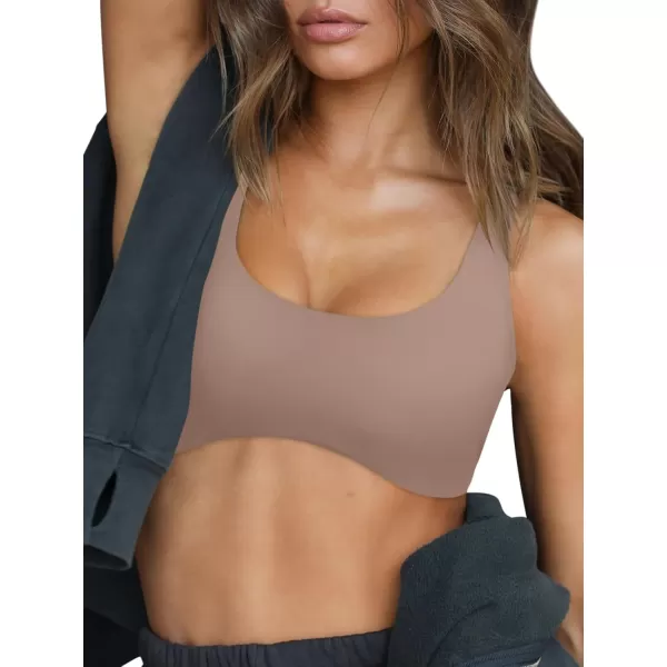 LASLULU Sexy Sports Bras for Women Scoop Neck Sleeveless Padded Bra Workout Yoga Bra Crop TopSienna