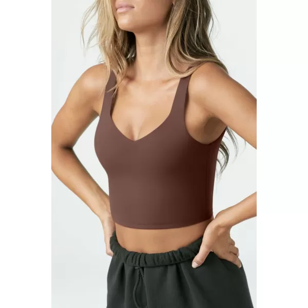 LASLULU Women Medium Impact Sports Bras V Neck Wirefree Workout Crop Tank Tops Gym for Women Built in BraCoffee