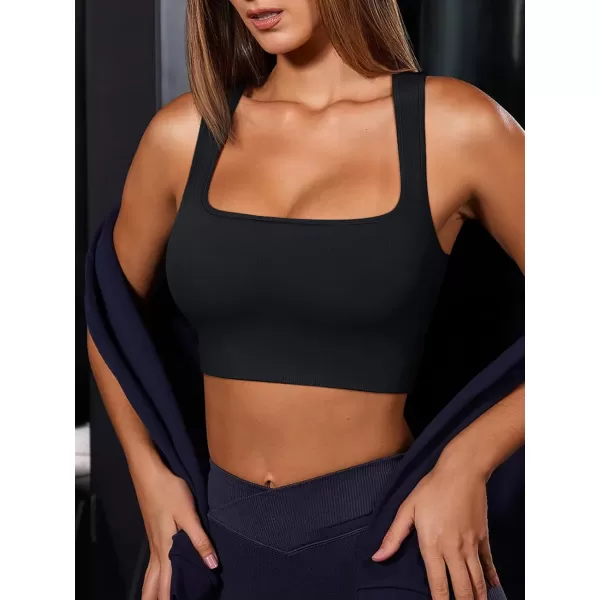 LASLULU Womens Ribbed Sports Bras Square Neck Seamless Padded Workout Gym Crop Tank Tops with Built in BrasBlack