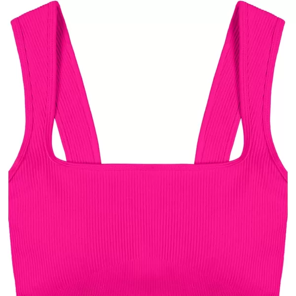 LASLULU Womens Ribbed Sports Bras Square Neck Seamless Padded Workout Gym Crop Tank Tops with Built in BrasHot Pink