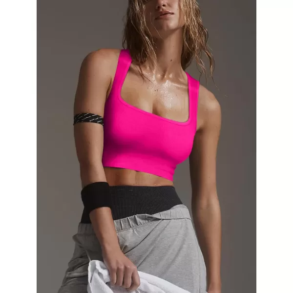 LASLULU Womens Ribbed Sports Bras Square Neck Seamless Padded Workout Gym Crop Tank Tops with Built in BrasHot Pink