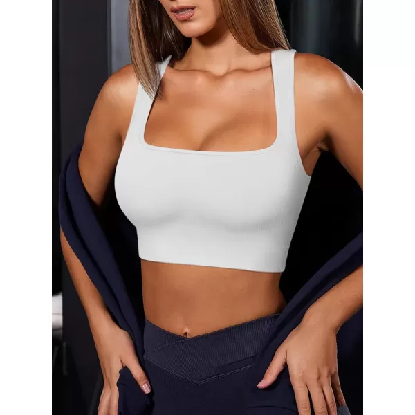 LASLULU Womens Ribbed Sports Bras Square Neck Seamless Padded Workout Gym Crop Tank Tops with Built in BrasWhite