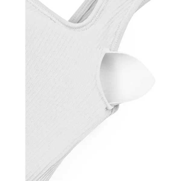 LASLULU Womens Ribbed Sports Bras Square Neck Seamless Padded Workout Gym Crop Tank Tops with Built in BrasWhite