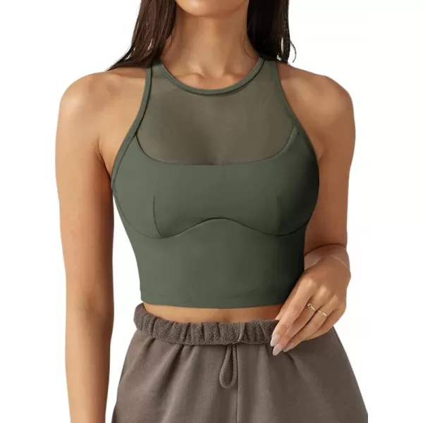 LASLULU Mesh Sports Bras for Women Sexy Wirefree Padded Workout Tank Tops Crisscross Back Yoga Bra Crop TopsArmy Green