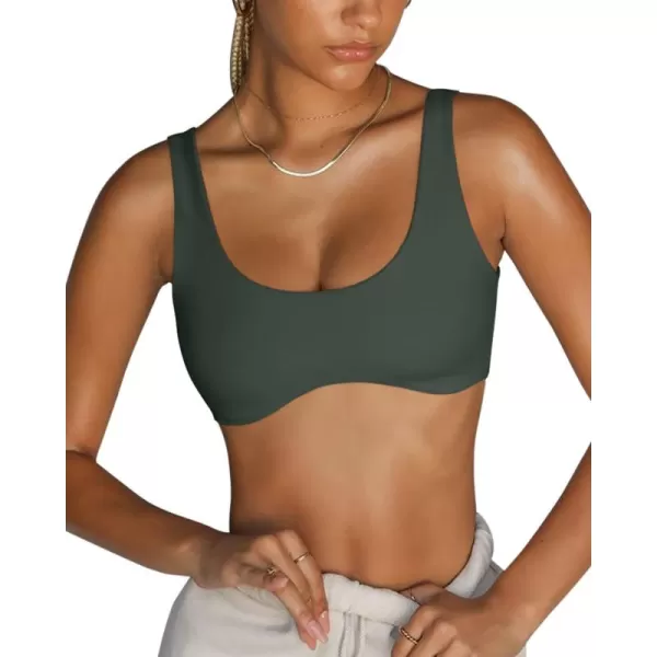 LASLULU Sexy Sports Bras for Women Scoop Neck Sleeveless Padded Bra Workout Yoga Bra Crop TopForest Green