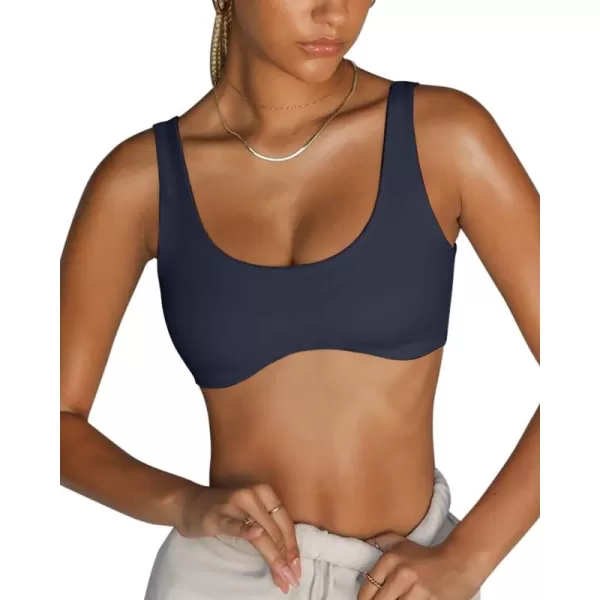 LASLULU Sexy Sports Bras for Women Scoop Neck Sleeveless Padded Bra Workout Yoga Bra Crop TopNavy Blue