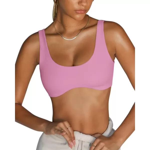 LASLULU Sexy Sports Bras for Women Scoop Neck Sleeveless Padded Bra Workout Yoga Bra Crop TopPink