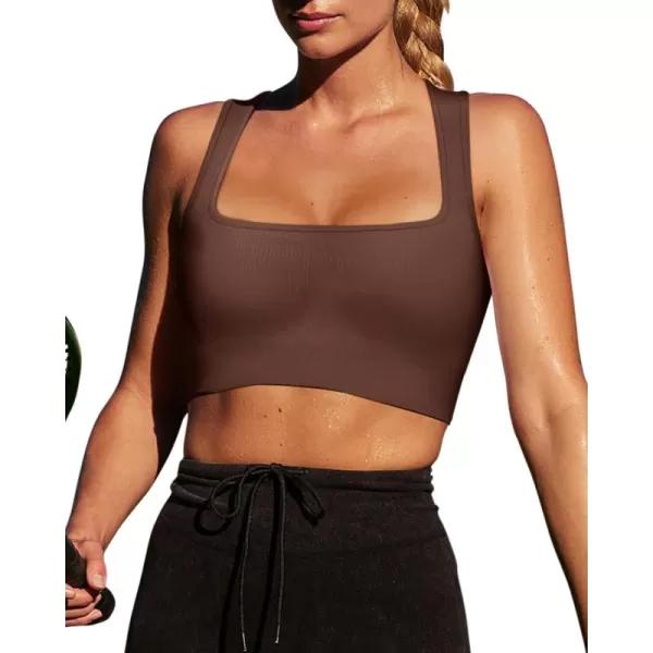 LASLULU Womens Ribbed Sports Bras Square Neck Seamless Padded Workout Gym Crop Tank Tops with Built in BrasCoffee Brown