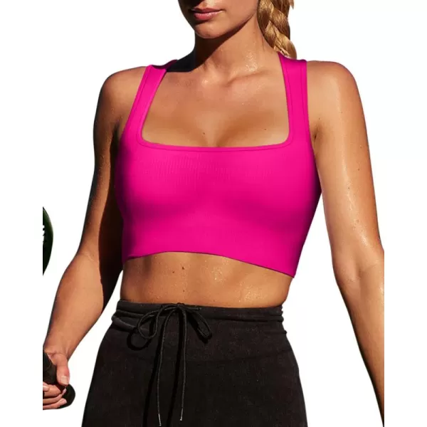 LASLULU Womens Ribbed Sports Bras Square Neck Seamless Padded Workout Gym Crop Tank Tops with Built in BrasHot Pink