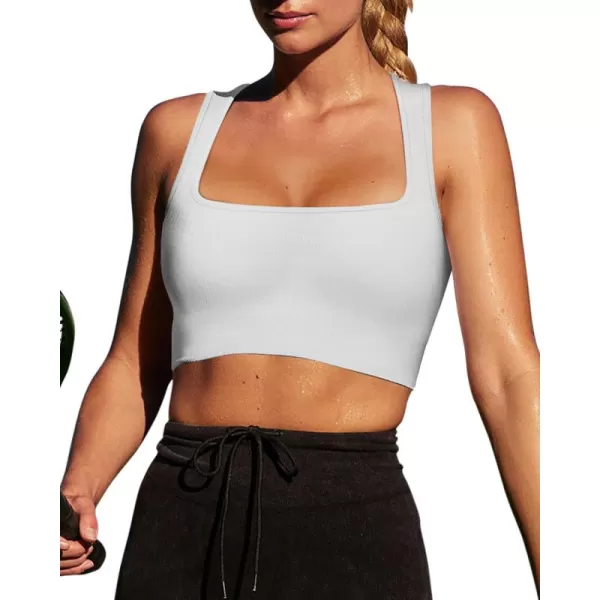 LASLULU Womens Ribbed Sports Bras Square Neck Seamless Padded Workout Gym Crop Tank Tops with Built in BrasWhite