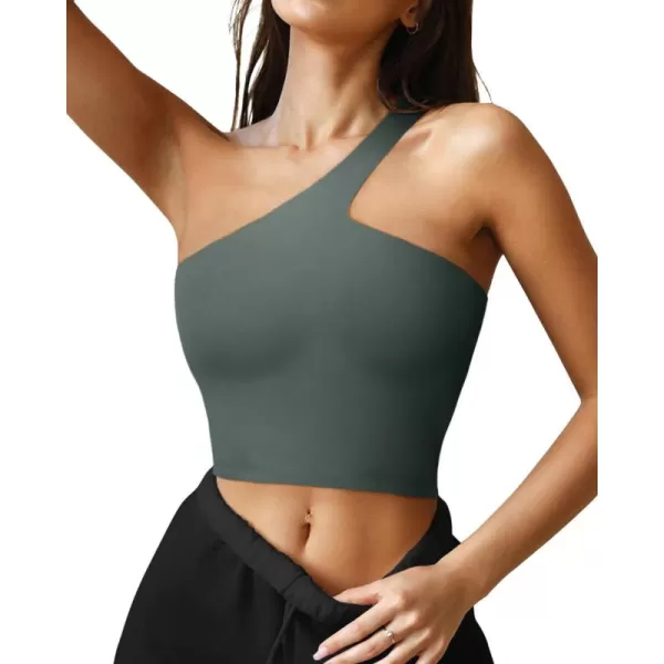 LASLULU Womens Sexy One Shoulder Sports Bra Sleeveless Workout Yoga Bra Backless Summer Crop Tank TopsForest Green