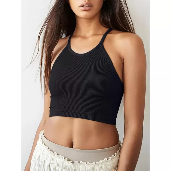 LASLULU Sports Bra for Women Crop Tops Racer Back Tank Tops Longline Workout Yoga Bra Halter Neck Cropped Casual TopsBlackseamless