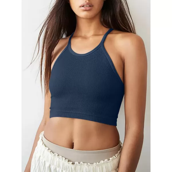 LASLULU Sports Bra for Women Crop Tops Racer Back Tank Tops Longline Workout Yoga Bra Halter Neck Cropped Casual TopsNavy Blueseamless