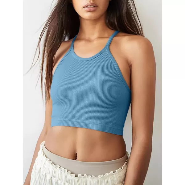 LASLULU Sports Bra for Women Crop Tops Racer Back Tank Tops Longline Workout Yoga Bra Halter Neck Cropped Casual TopsSky Blueseamless