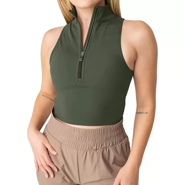 LASLULU Womens Half Zipper Workout Top Racerback Yoga Short Tank Tops Collar Athletic Shirt Slim Fit Crop Tops Built in BraArmy Green