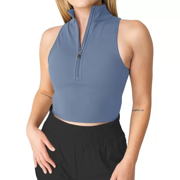 LASLULU Womens Half Zipper Workout Top Racerback Yoga Short Tank Tops Collar Athletic Shirt Slim Fit Crop Tops Built in BraBlue