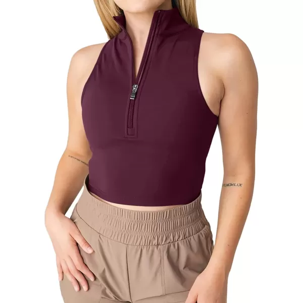 LASLULU Womens Half Zipper Workout Top Racerback Yoga Short Tank Tops Collar Athletic Shirt Slim Fit Crop Tops Built in BraBurgundy