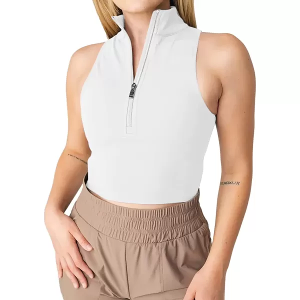 LASLULU Womens Half Zipper Workout Top Racerback Yoga Short Tank Tops Collar Athletic Shirt Slim Fit Crop Tops Built in BraWhite