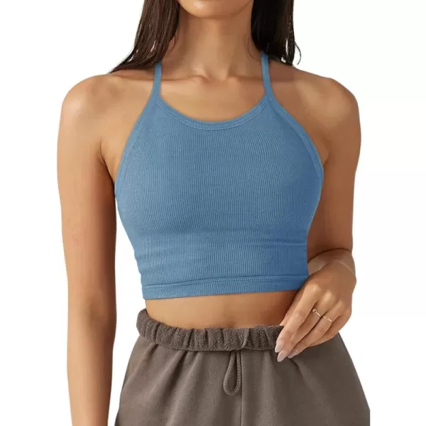 LASLULU Sports Bra for Women Crop Tops Racer Back Tank Tops Longline Workout Yoga Bra Halter Neck Cropped Casual TopsBlue