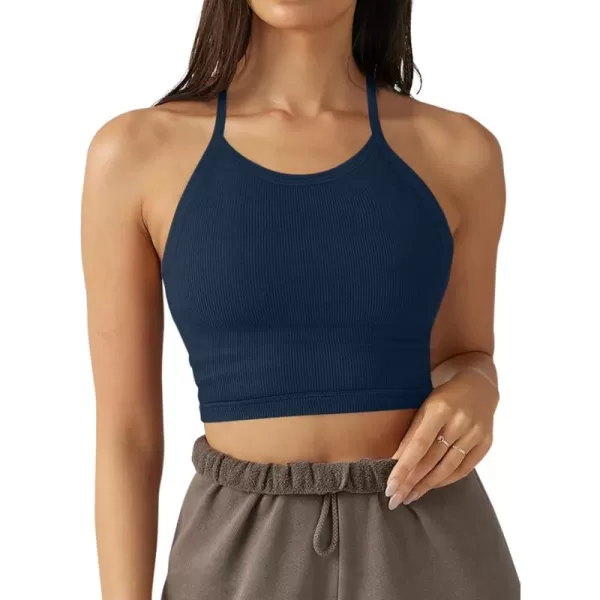 LASLULU Sports Bra for Women Crop Tops Racer Back Tank Tops Longline Workout Yoga Bra Halter Neck Cropped Casual TopsNavy Blueseamless