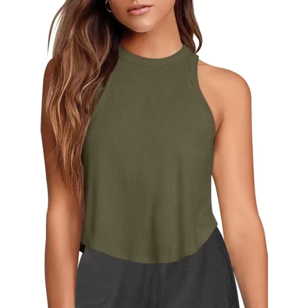 LASLULU Womens Crop Tops Sleeveless Workout Tops Halter Neck Flowy Athletic Shirts Cropped Tank Tops Muscle TankArmy Green