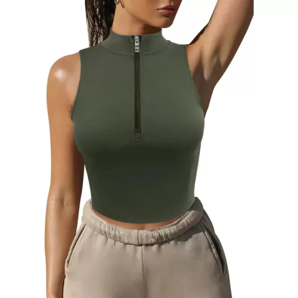 LASLULU Womens Half Zipper Workout Top Racerback Yoga Short Tank Tops Collar Athletic Shirt Slim Fit Crop Tops Built in BraArmy Green