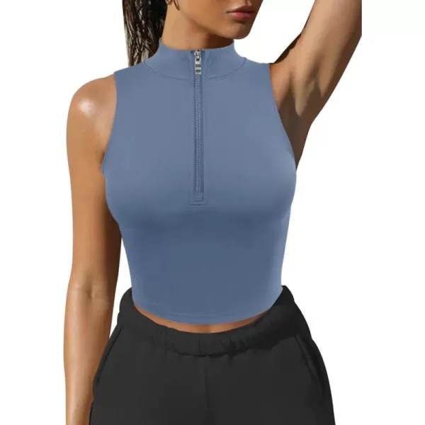 LASLULU Womens Half Zipper Workout Top Racerback Yoga Short Tank Tops Collar Athletic Shirt Slim Fit Crop Tops Built in BraBlue