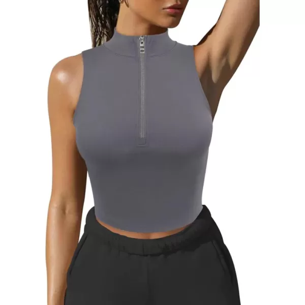 LASLULU Womens Half Zipper Workout Top Racerback Yoga Short Tank Tops Collar Athletic Shirt Slim Fit Crop Tops Built in BraGrey