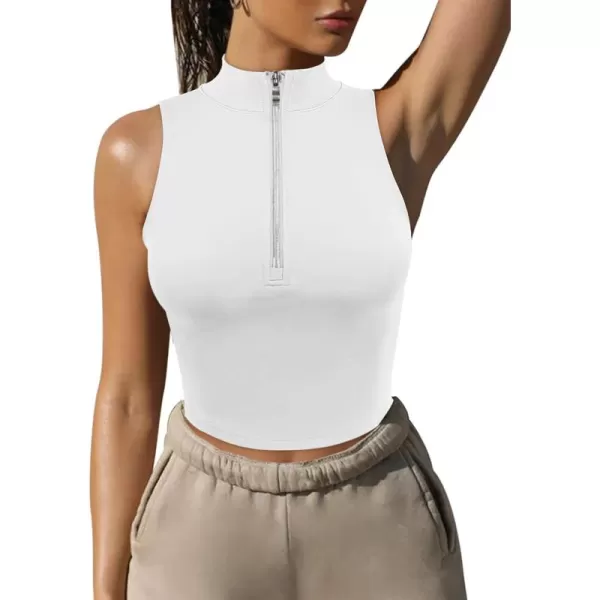 LASLULU Womens Half Zipper Workout Top Racerback Yoga Short Tank Tops Collar Athletic Shirt Slim Fit Crop Tops Built in BraWhite