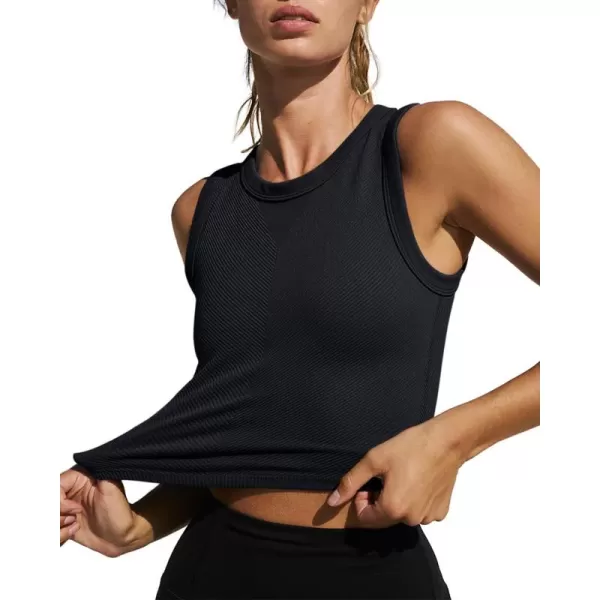 LASLULU Womens Molded Cups Seamless Workout Top Racerback Yoga Short Tank Tops Athletic Shirt Slim Fit Crop Tops Built in BraBlack