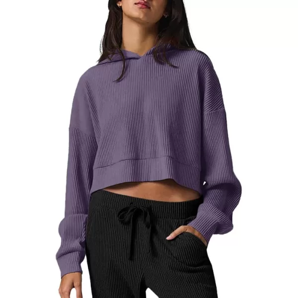 LASLULU Womens Hoodies Fall Casual Long Sleeve Hooded Sweatshirts Side Split Pullover Ribbed Shirts Workout TopsViolet