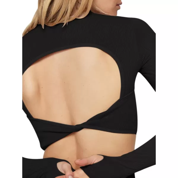 LASLULU Seamless Long Sleeve Crop Tops for Women Backless Workout Crop T Shirt Top Built in Bra Thumb HoleBlack