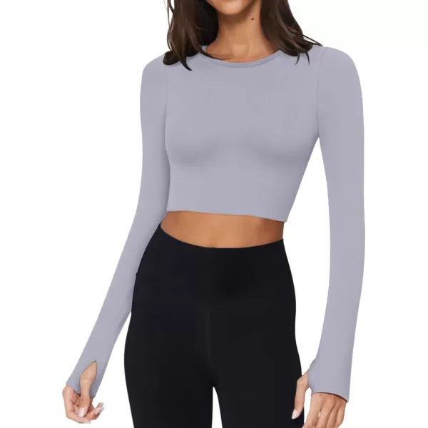 LASLULU Seamless Long Sleeve Crop Tops for Women Backless Workout Crop T Shirt Top Built in Bra Thumb HoleMist Blue