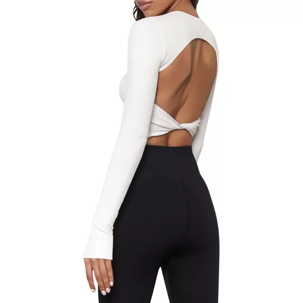 LASLULU Seamless Long Sleeve Crop Tops for Women Backless Workout Crop T Shirt Top Built in Bra Thumb HoleWhite