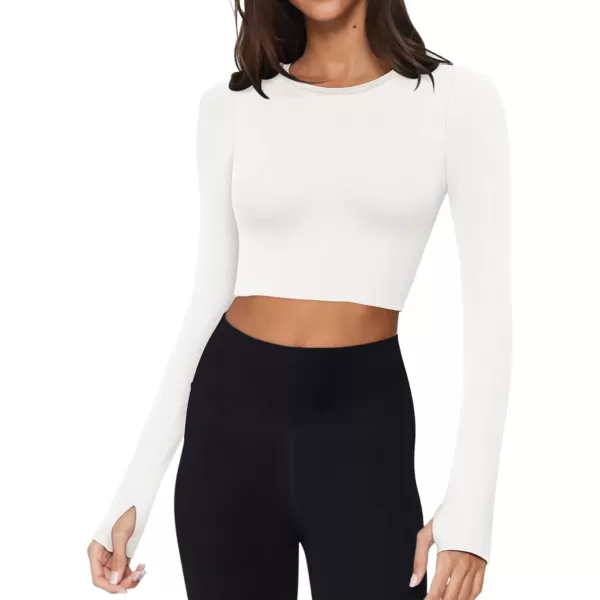 LASLULU Seamless Long Sleeve Crop Tops for Women Backless Workout Crop T Shirt Top Built in Bra Thumb HoleWhite