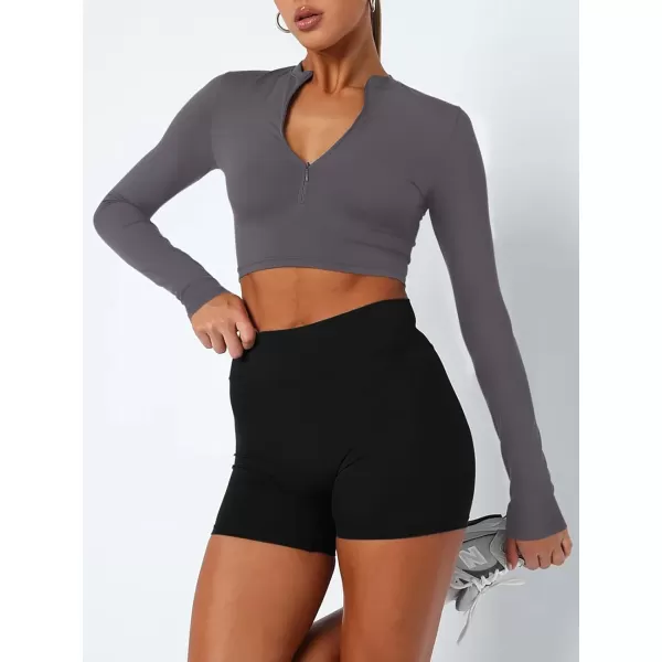 LASLULU Womens Cropped Jackets Half Zip Long Sleeve Seamless Workout Sweatshirts Lightweight Casual TopsDark Gray