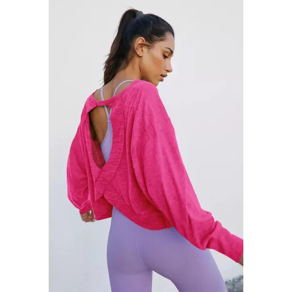 LASLULU Womens Open Back Long Sleeve Workout Tops Athletic Shirts Boat Neck Casual Running Tee Y2k Yoga Gym TopsPink