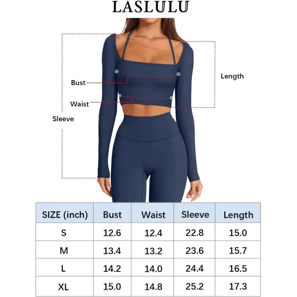 LASLULU Womens Sexy Square Neck Crop Top Ribbed Seamless Long Sleeve Workout Tops Halter Neck Yoga Tops with Built in BraBlack