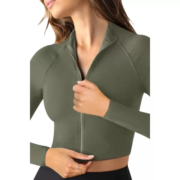 LASLULU Womens Zipper Workout Top Seamless Long Sleeve Ribbed Yoga Athletic Shirt Cropped Sweatshirts Slim Fit Crop TopsArmy Green