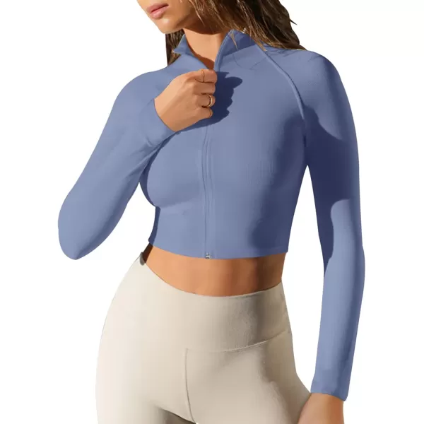 LASLULU Womens Zipper Workout Top Seamless Long Sleeve Ribbed Yoga Athletic Shirt Cropped Sweatshirts Slim Fit Crop TopsBlue