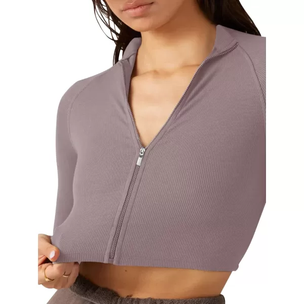 LASLULU Womens Zipper Workout Top Seamless Long Sleeve Ribbed Yoga Athletic Shirt Cropped Sweatshirts Slim Fit Crop TopsGray Purple