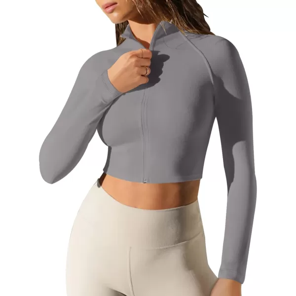 LASLULU Womens Zipper Workout Top Seamless Long Sleeve Ribbed Yoga Athletic Shirt Cropped Sweatshirts Slim Fit Crop TopsGrey