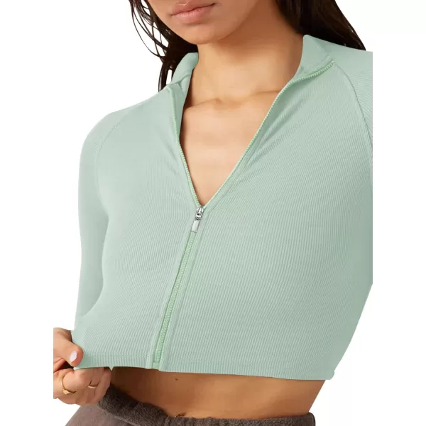 LASLULU Womens Zipper Workout Top Seamless Long Sleeve Ribbed Yoga Athletic Shirt Cropped Sweatshirts Slim Fit Crop TopsMint Green