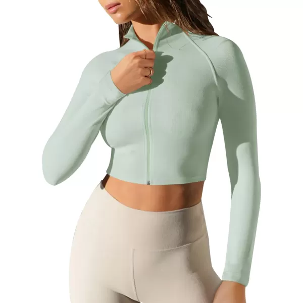 LASLULU Womens Zipper Workout Top Seamless Long Sleeve Ribbed Yoga Athletic Shirt Cropped Sweatshirts Slim Fit Crop TopsMint Green