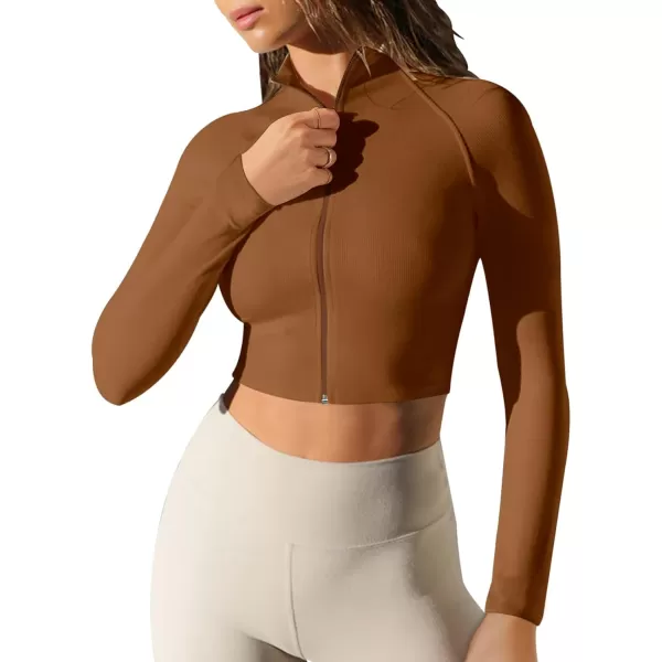 LASLULU Womens Zipper Workout Top Seamless Long Sleeve Ribbed Yoga Athletic Shirt Cropped Sweatshirts Slim Fit Crop TopsMocha Brown
