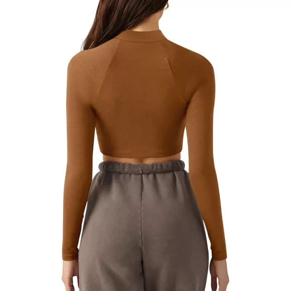 LASLULU Womens Zipper Workout Top Seamless Long Sleeve Ribbed Yoga Athletic Shirt Cropped Sweatshirts Slim Fit Crop TopsMocha Brown