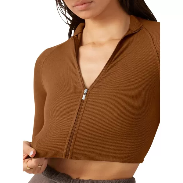 LASLULU Womens Zipper Workout Top Seamless Long Sleeve Ribbed Yoga Athletic Shirt Cropped Sweatshirts Slim Fit Crop TopsMocha Brown