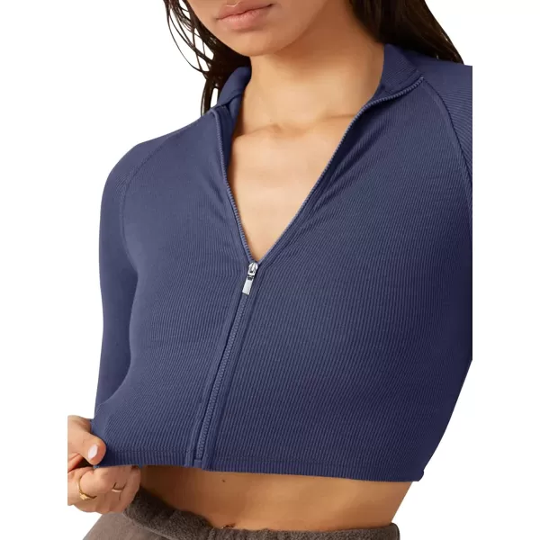 LASLULU Womens Zipper Workout Top Seamless Long Sleeve Ribbed Yoga Athletic Shirt Cropped Sweatshirts Slim Fit Crop TopsNavy Blue