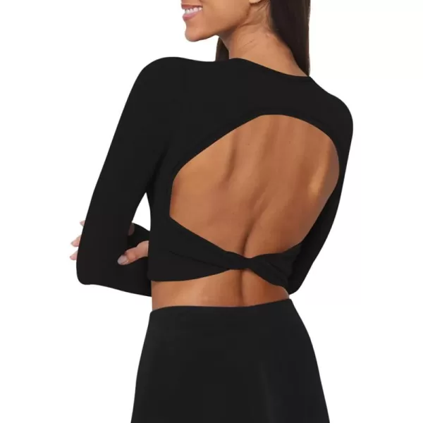 LASLULU Seamless Long Sleeve Crop Tops for Women Backless Workout Crop T Shirt Top Built in Bra Thumb HoleBlack